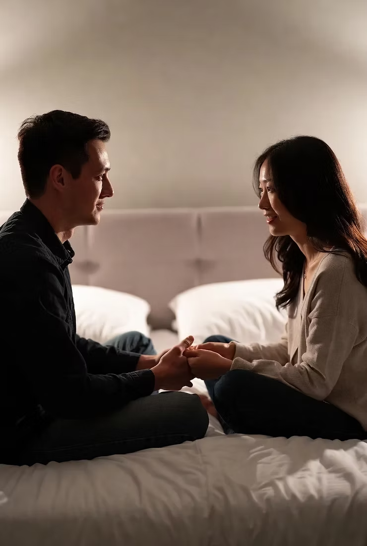 hai người nắm tay nhau ngồi  trên giường