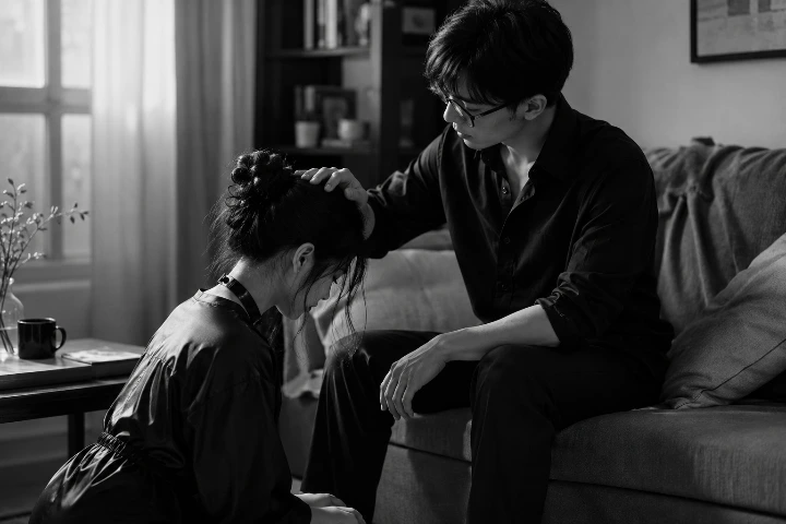 a man place a hand on a woman head